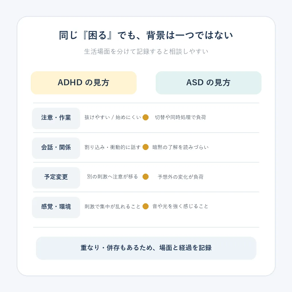 ADHDとASDの特徴を注意、会話、予定変更、感覚の場面で比較した説明図
