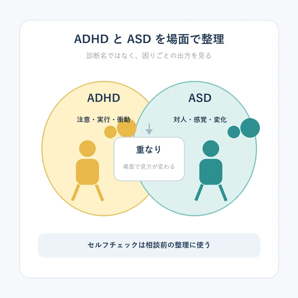 ADHDとASDの違いと重なりを場面別に整理する編集図