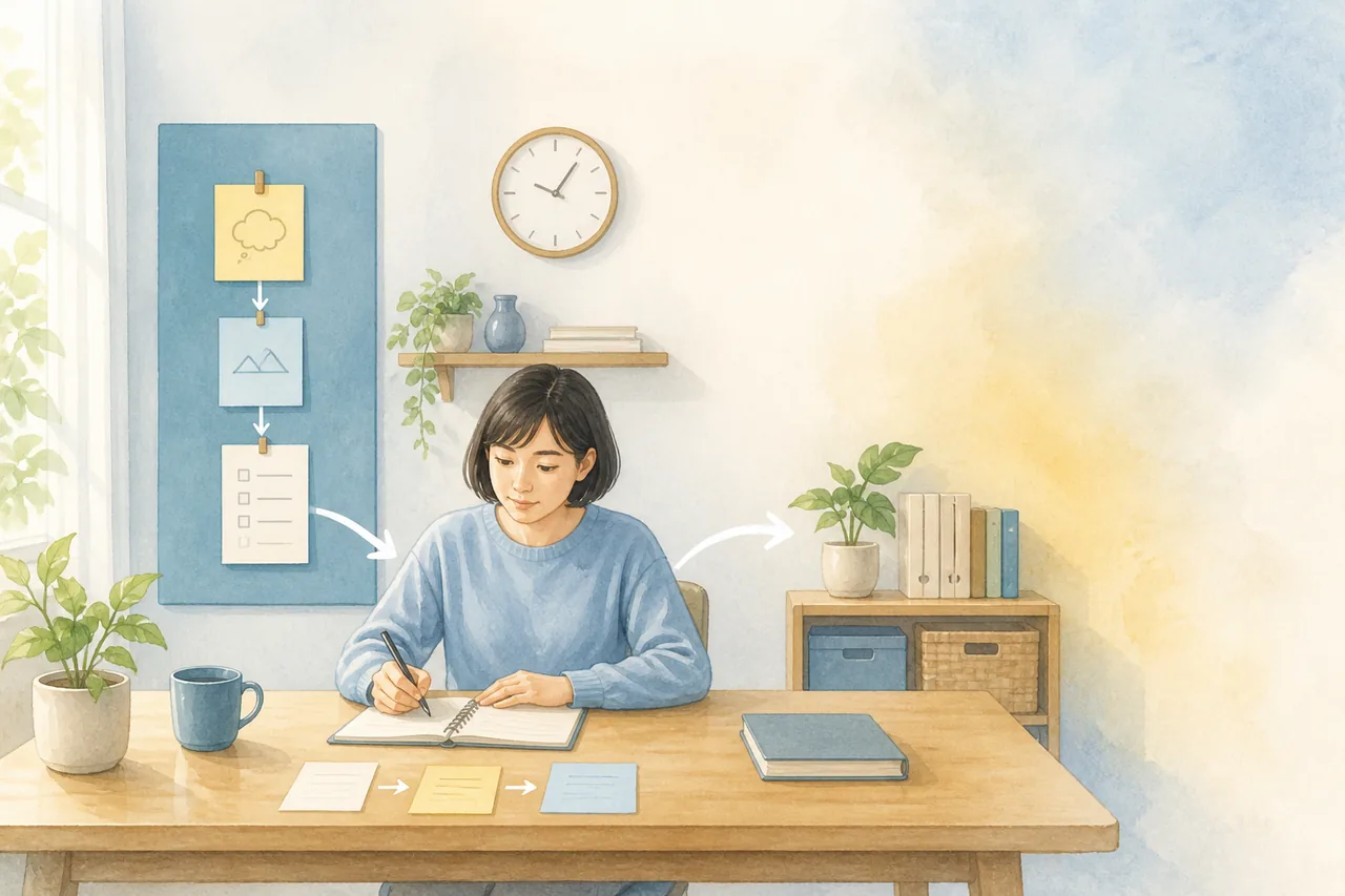 計画から実行までの流れを整理しながら机で作業する大人の編集イメージ