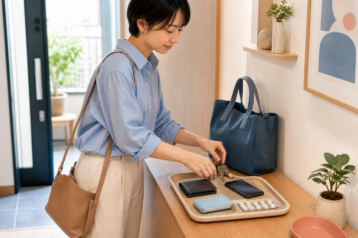 玄関の定位置トレーに鍵や財布をまとめて出かける準備をする大人