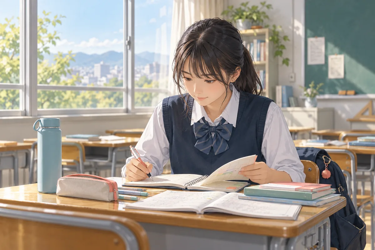 高校の教室でノートに向かい、課題に取り組む生徒