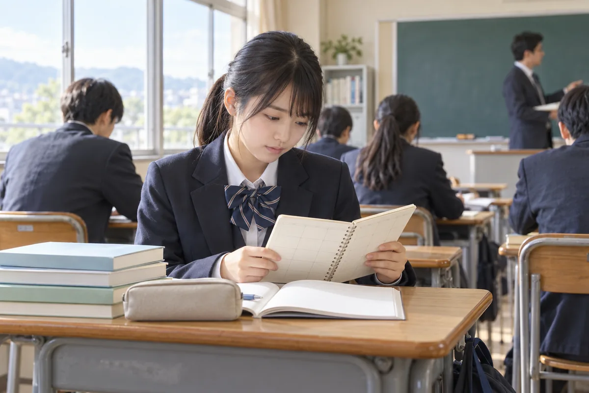 高校の教室で生徒が手帳とノートを見ながら学習の予定を確認する様子