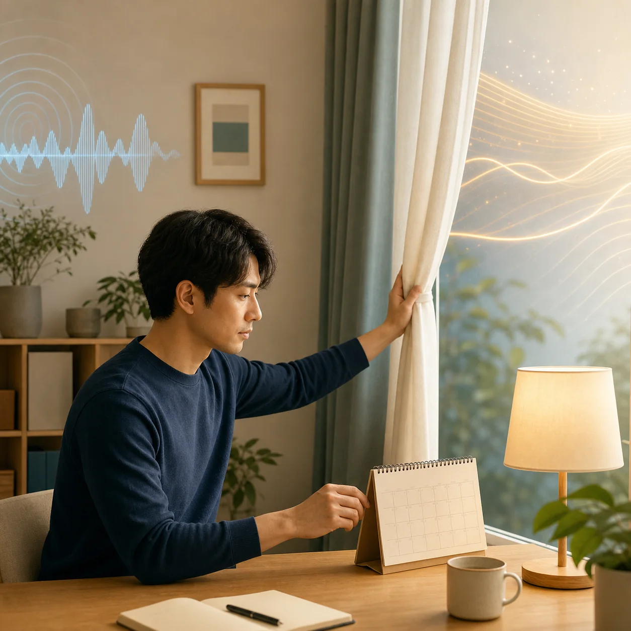 窓の光や音を調整しながら静かな作業環境を整える大人の編集イメージ