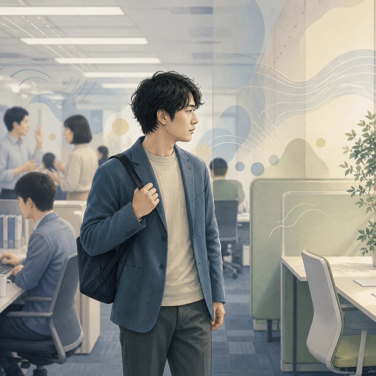 職場で音や照明などの刺激を受けながら静かな場所を選ぶ大人の概念イラスト