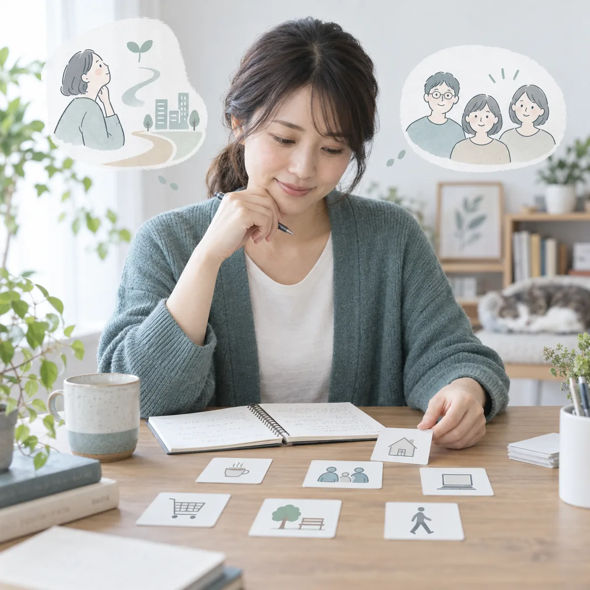日常の困りごとをノートと絵カードで整理する大人のイメージ