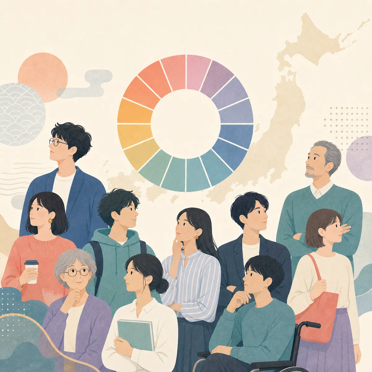 日本の地図と16タイプの輪を背景に多様な人々を描いたMBTI分布の説明イラスト